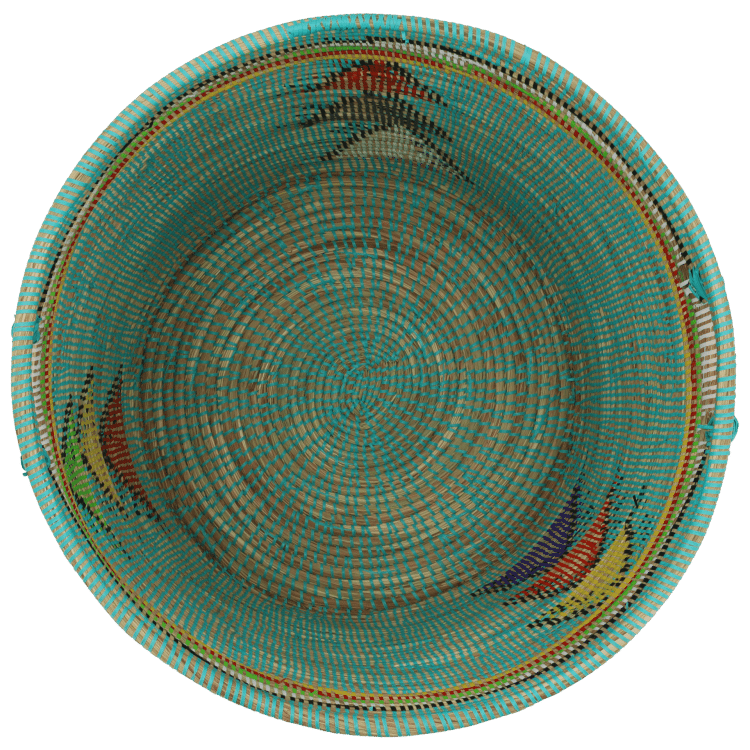 Vue de dessus d'un panier bleu avec des formes géométriques