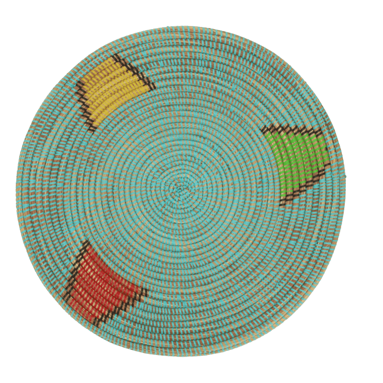 Vue de dessus d'un panier bleu avec des formes géométriques