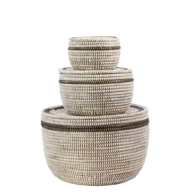 Ensemble de 3 paniers de rangement (blanc avec couvercle plat et bordure marron)