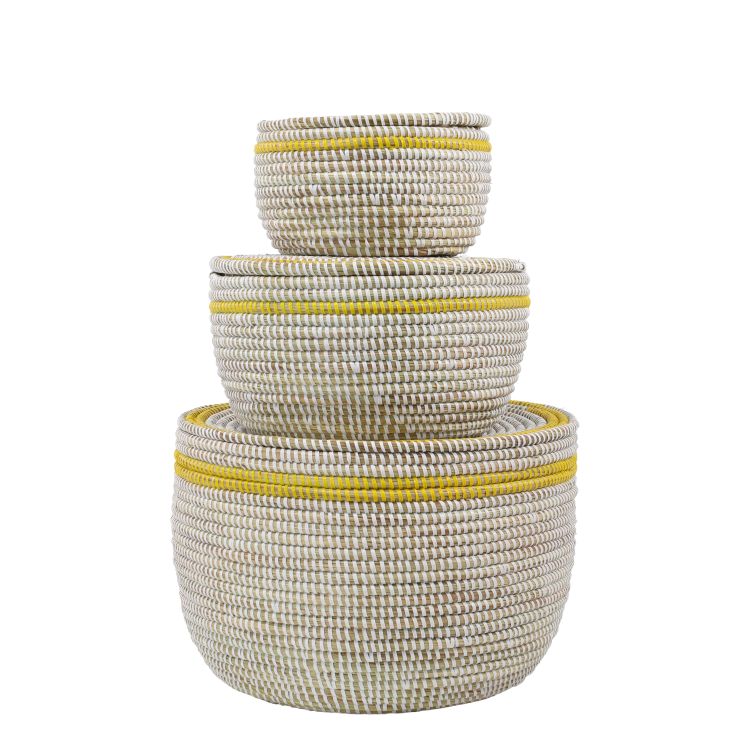 Set van 3 opbergmanden (wit met platte deksel en gele rand)