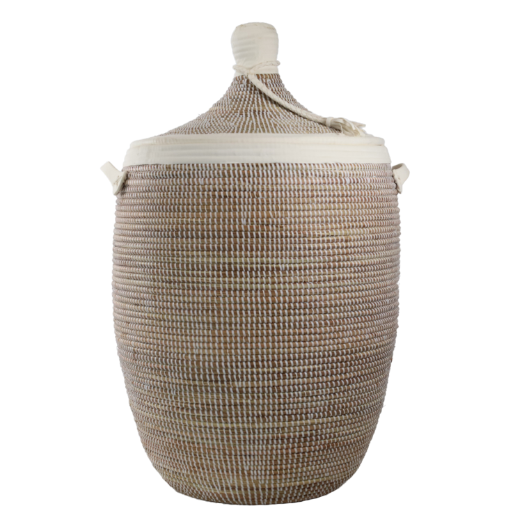 Grand panier en osier - Détails en cuir blanc