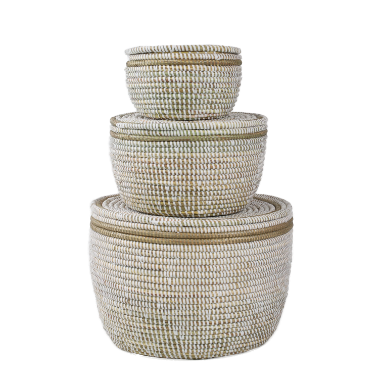 Ensemble de 3 paniers de rangement (blanc avec couvercle plat et bord champagne)