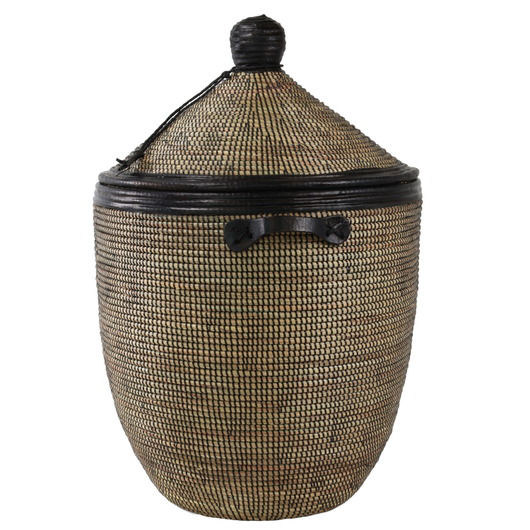 Grand panier en osier - Détails en cuir noir